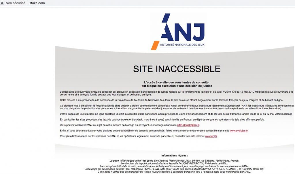 Situs Stake.com ilegal diblokir oleh ISP dengan pesan dari ANJ.